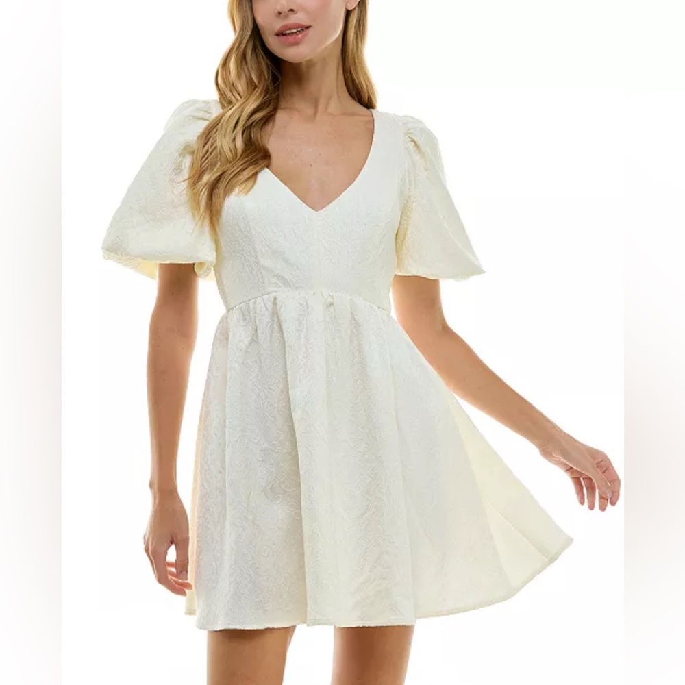 City Studios Juniors' Jacquard Balloon-Sleeve Fit & Flare Cream Dress